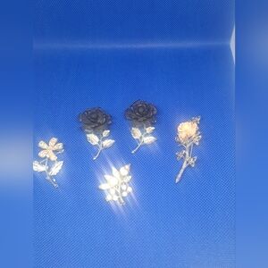 Vintage Black Rose Silver Tone Brooch 5 Pcs Bundle